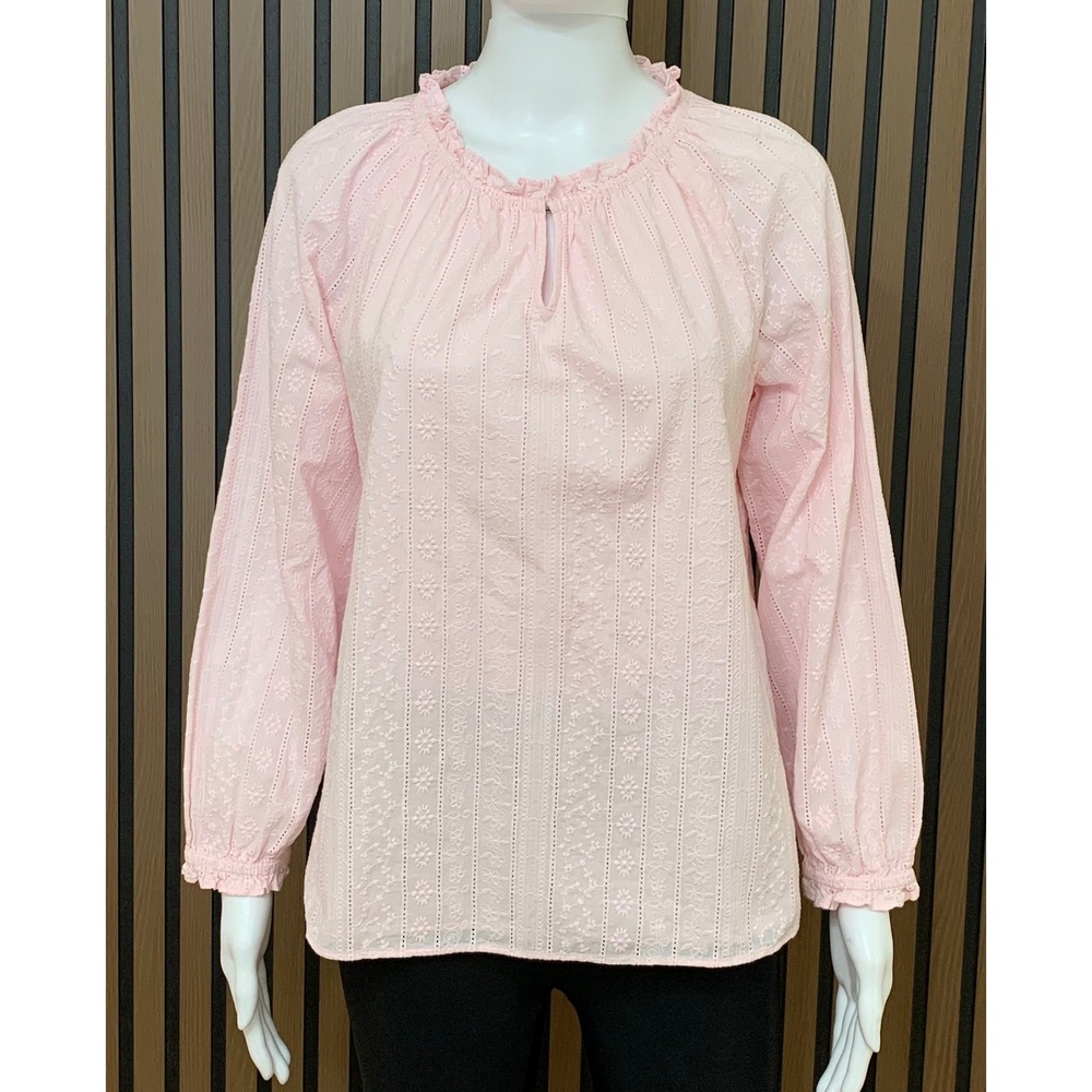 Talbots Petite Pink Eyelet Cotton Blouse Ruffle Neck Long Sleeve MP Classic